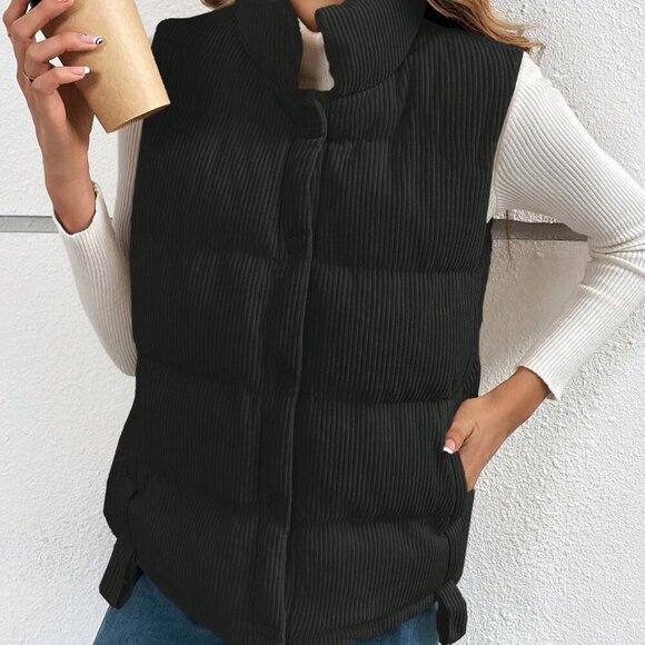 Black Casual Women's Minimalistic Button Up Padded Coat Vest - Picture 6 of 7